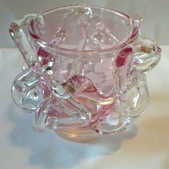 European vase Pink with clear glass heavy with beautiful details and color
